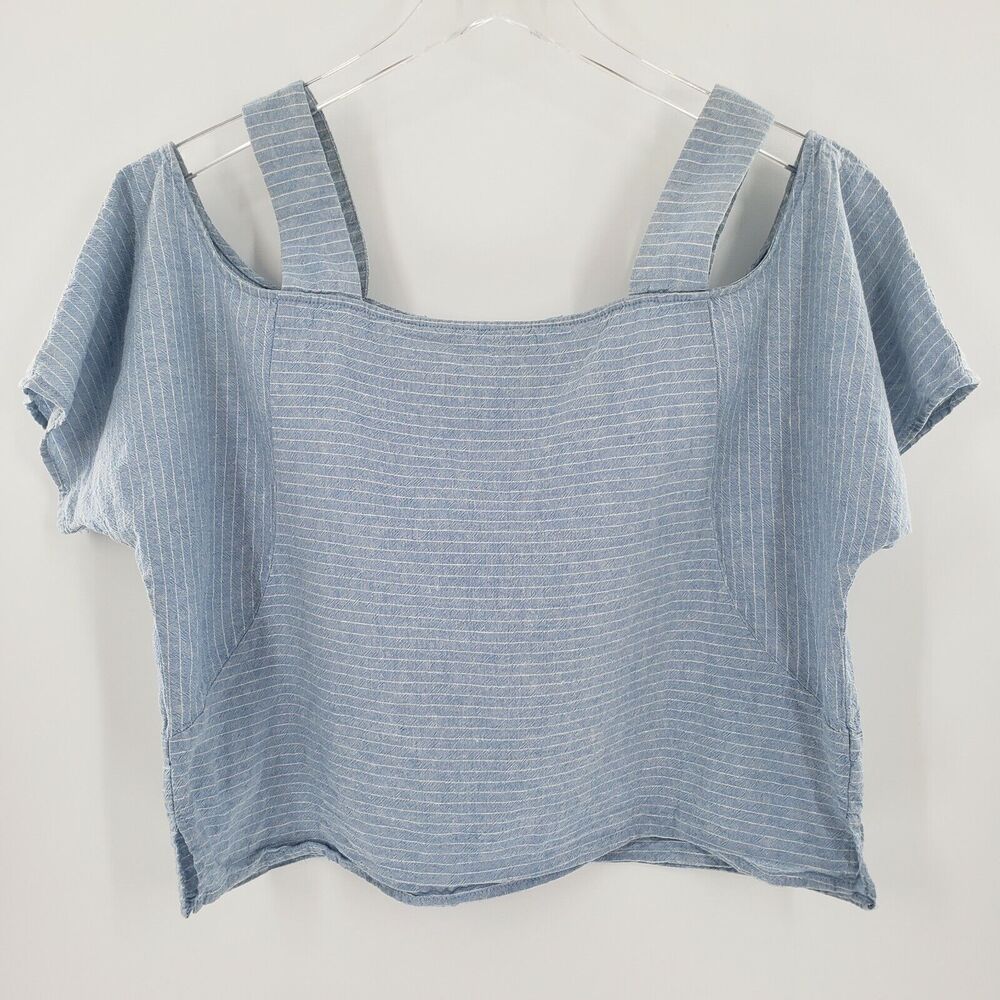 Cope Crop Top Womens Medium Cold Shoulder Cotton Linen Blend Blue White Stripe